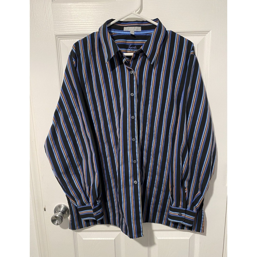 Foxcroft Classic Fit Striped Long Sleeve Button-Up Shirt 20W Black Red Yellow